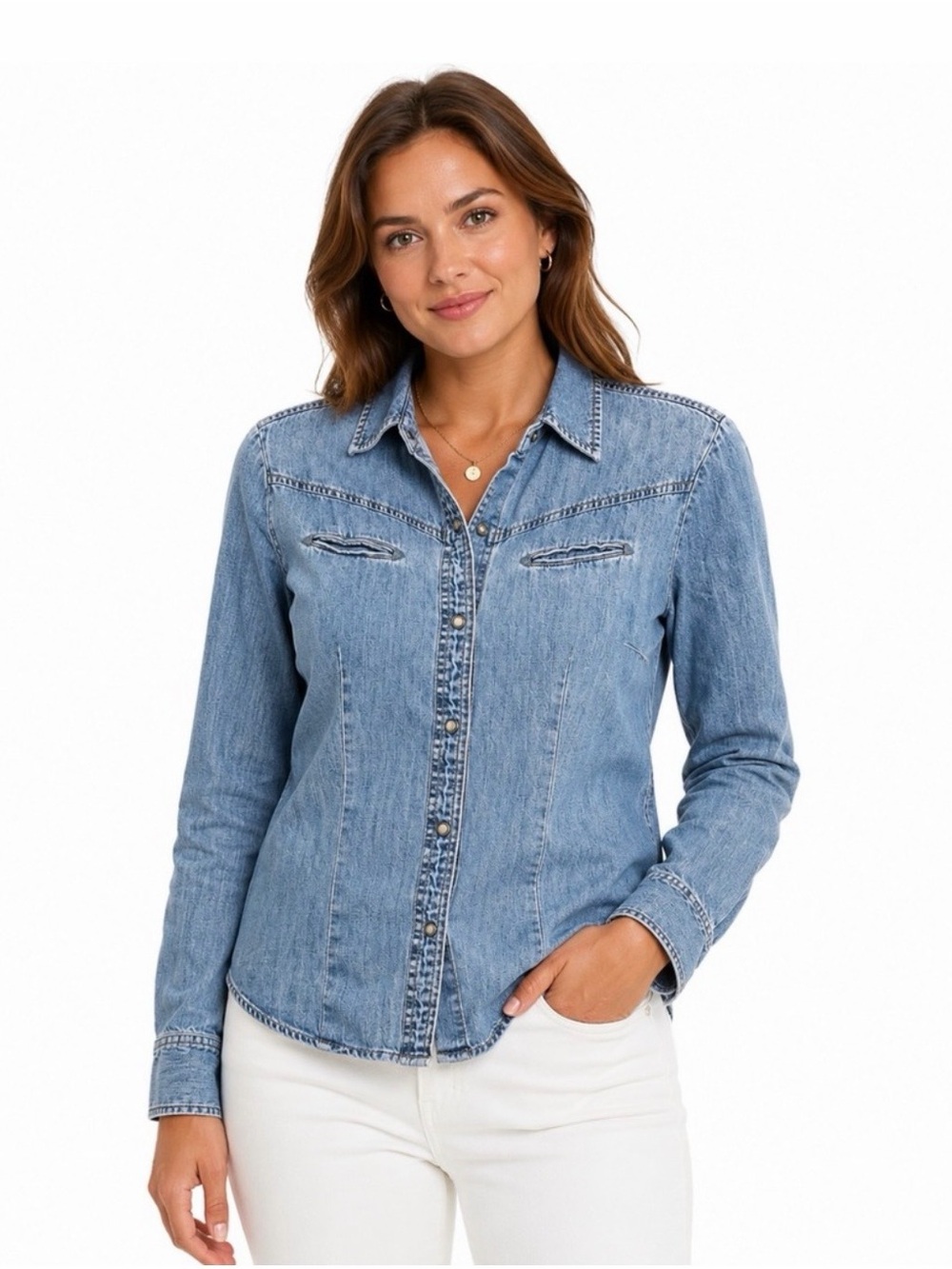 J.Crew Light Wash Denim Western Snap Front Long Sleeve - Sz Small
